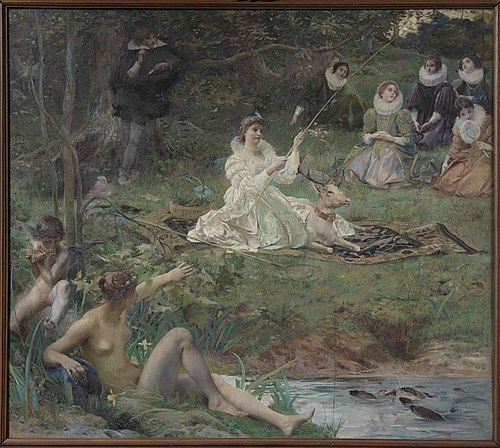 Marie Felice des Ursins, duchesse de Montmorency, et le poète Théophile de Viau à la Maison de Sylvi, 1895, Luc-Olivier Merson