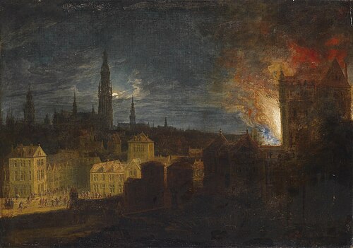 The fire of the Antwerp Town Hall on 4 November 1576, 1650, Daniel van Heil
