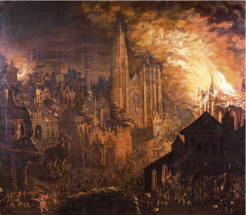 Fire in Antwerp with the Trojan Horse. The Spanish Fury of 1576, 1650, Daniel van Heil