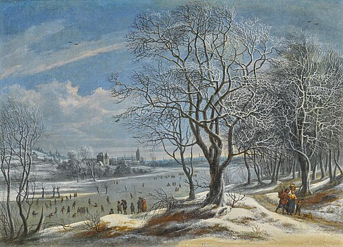 Winter landscape and skaters with figures on a path in a wood, a town (probably Antwerp) beyond, , Daniel van Heil