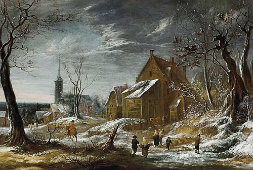 Winter landscape with figures on a village road, 1650, Daniel van Heil