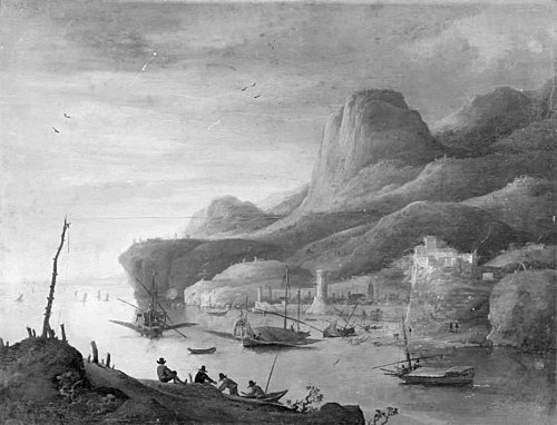 Ved høje bjerge ligger en italiensk søhavn med galejer og felukker, 1644, Daniel van Heil