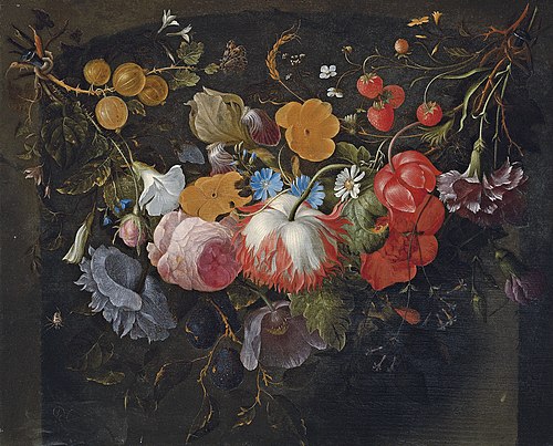 Still life of a swag of flowers hanging in a niche, with gooseberries, strawberries, roses, plums, a, 1650, Pieter Gallis