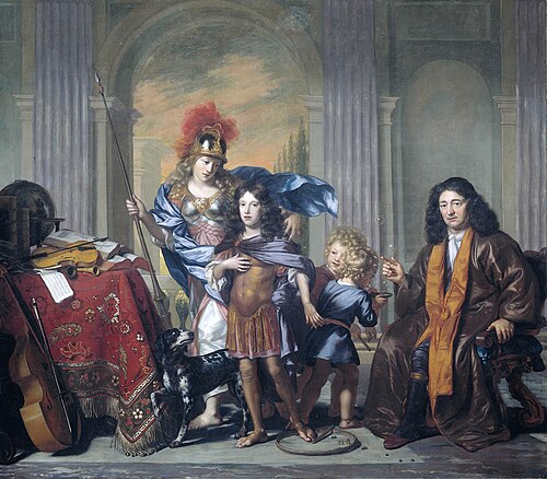 Allegorical Portrait of Anthony de Bordes and His Son Anthony, 1673, Adriaen Backer