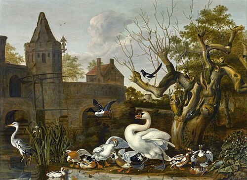 Castle moat with a swan and other birds, 1659, Dirck Wijntrack