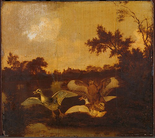 A buzzard attacking two ducks, 1650, Dirck Wijntrack