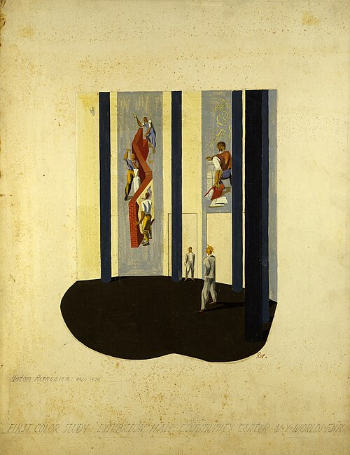 First Color Study, Exhibition Hall, Community Center, New York World's Fair (perspective sketch for , 1938, Anton Refregier