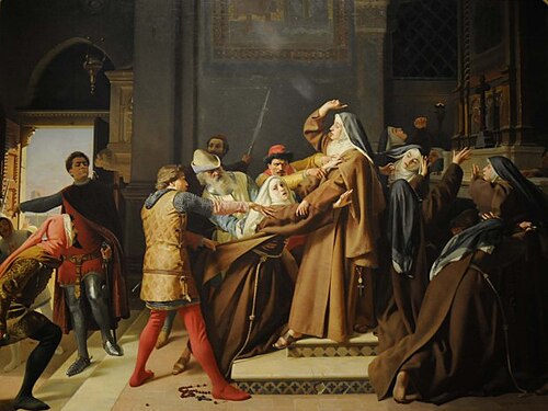 Piccarda Donati fatta rapire dal convento di Santa Chiara dal fratello Corso, 1866, Raffaello Sorbi