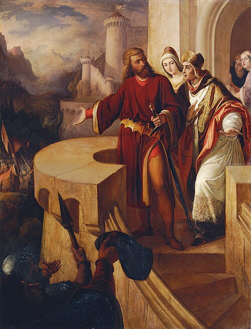 Radbot, Graf von Habsburg zeigt seinem Bruder Bischof Werner seine bewaffneten Getreuen, 1853, Ferdinand Schubert