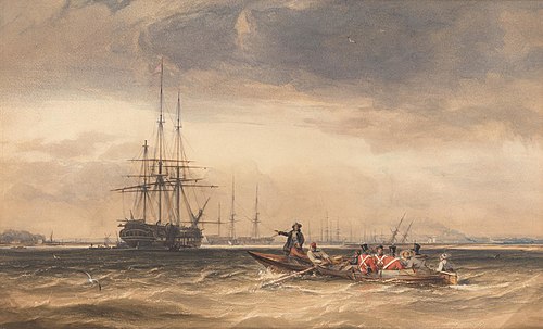 Soldiers Being Rowed Out to an Indiaman at Northfleet, , George Hyde Chambers