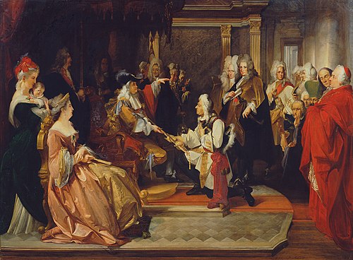 Kaiser Karl VI. überreicht Prinz Eugen nach der Schlacht bei Belgrad den Ehrendegen, 1865, August Wenzel Mantler