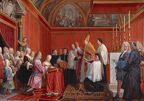 The solemnization of the marriage of Prince James Francis Edward Stuart and Princess Maria Clementin, 1735, Agostino Masucci