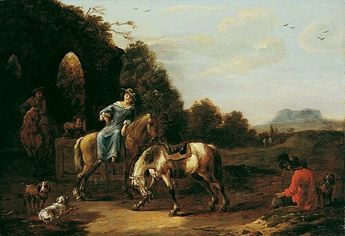 Hunting party resting near a fountain under the ruins of an aquaduct, 1646, Simon Johannes van Douw