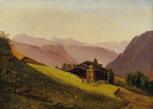 Gebirgslandschaft mit Almhütten und heuenden Bauern, 1842, Franz Wipplinger