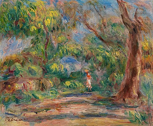 Paysage, allée de ferme avec femme en rouge et blanc, 1918, Pierre-Auguste Renoir