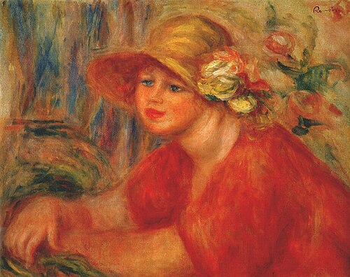 Femme au chapeau à fleurs, corsage rouge et les mains croisées, 1917, Auguste Renoir