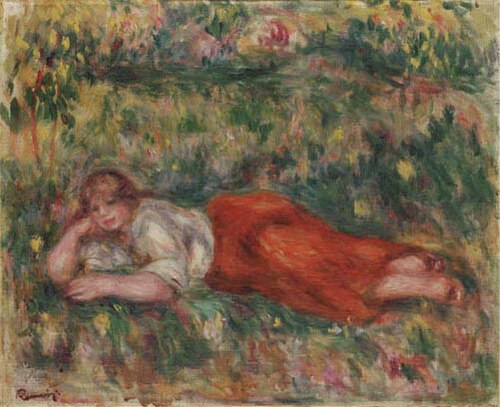Femme en rouge et blanc couchée dans l'herbe, 1918, Pierre-Auguste Renoir