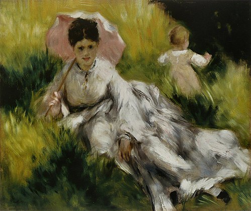 Woman with a Parasol and Small Child on a Sunlit Hillside, 1874, Pierre-Auguste Renoir