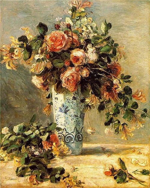 Roses and Jasmine in a Delft Vase, 1880, Pierre-Auguste Renoir