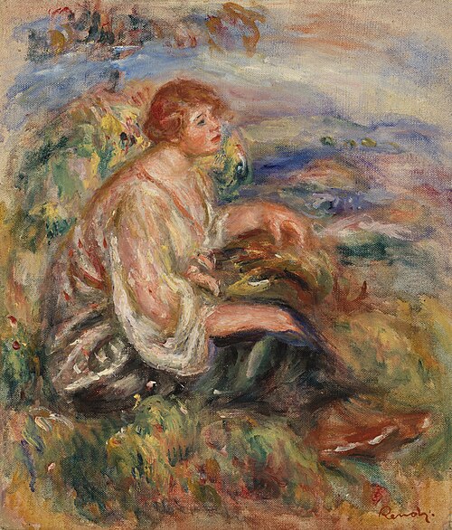 Woman in Tulle Blouse and Black Skirt (Femme en blouse de tulle et en jupe noire dans un paysage), 1917, Pierre-Auguste Renoir
