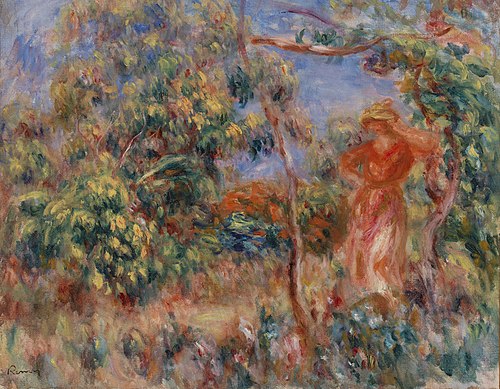Woman in Red in a Landscape (Femme en rouge dans un paysage), 1917, Pierre-Auguste Renoir