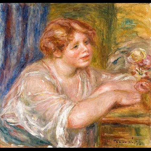 Buste de jeune fille regardant des fleurs, 1916, Auguste Renoir