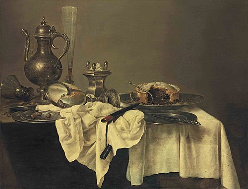 Still life with blackberry pie, nautilus cup, salt-cellar, façon- de-Venise, ewer, roemer, hazelnuts, 1619, Willem Claesz. Heda