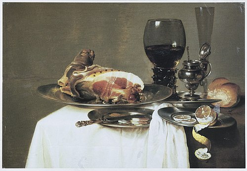 Still life with ham, knife, bowl of olives, bread, mustard pot, lemon, roemer and glass flute, 1643, Willem Claesz. Heda