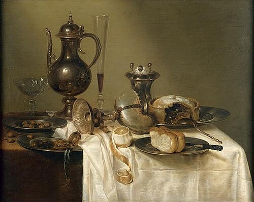 Still life with decanter, nautilus cup, wine glasses and pie, 1642, Willem Claesz. Heda