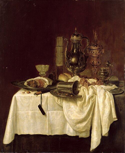 Still life with ham, decanter, columbine cup and passglass on a laid table, 1638, Willem Claesz. Heda