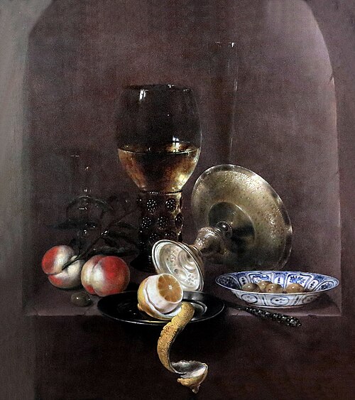 Still life with roemer, tazza, lemon and peaches in a niche, 1634, Willem Claesz. Heda