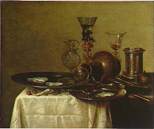 Still life with goblet holder, fallen jug, wine glasses, perfume bottle and pewter dishes, 1637, Willem Claesz. Heda