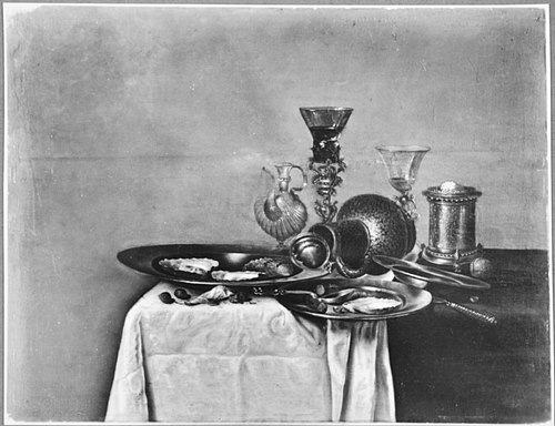 Still life with goblet holder, stoneware jug and oysters, 1640, Willem Claesz. Heda