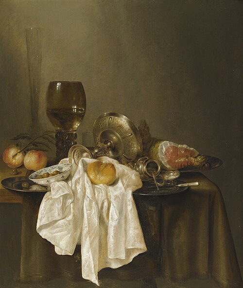 Still life with ham, mustard pot, bread, olives and roemer, 1651, Willem Claesz. Heda