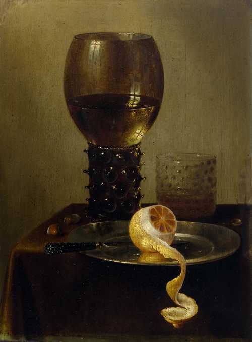 Roemer, beer glass and lemon with a knife, 1634, Willem Claesz. Heda