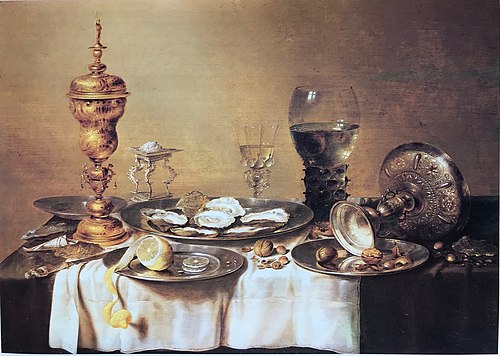 Still life with columbine cup, tazza, salt cellar, roemer, oysters and lemon, 1632, Willem Claesz. Heda