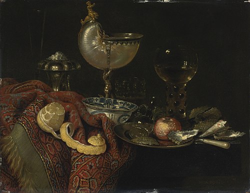 Still life of oysters, a nautilus cup, a roemer, lemon and other objects, 1662, Willem Claesz. Heda