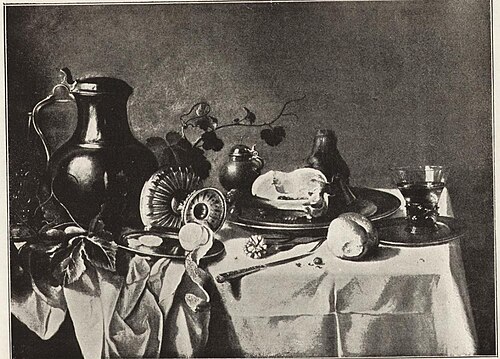 Still life with pewter jug, overturned tazza and ham, 1675, Willem Claesz. Heda