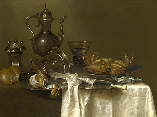 Still Life: Pewter and Silver Vessels and a Crab, 1635, Willem Claesz. Heda