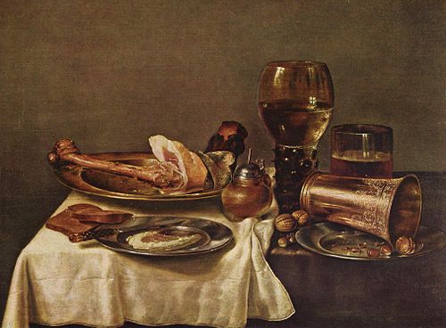 Still life with ham, roemer, and beer glass, 1635, Willem Claesz. Heda