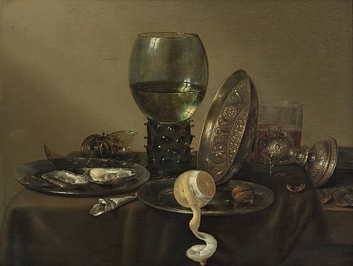 Still life with oysters, a rummer, a lemon and a silver bowl, 1634, Willem Claesz. Heda