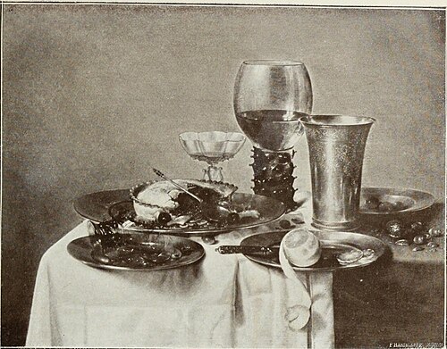Still life with roemer, pie and spoon, venetian glass, engraved silver beaker, olives, lemon, and br, 1635, Willem Claesz. Heda