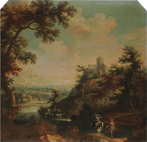 Paesaggio con Viandanti lungo un Fiume un edificio Turrito sulla Rocca, 1775, Vittorio Amedeo Cignaroli