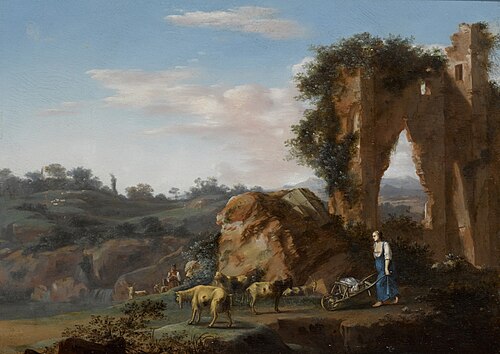 Southern landscape with a woman with a wheelbarrow and a goatherd near a ruin, 1652, Warnard van Rijsen