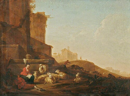 A Shepherdess with Sheep beneath the Walls of Rome, Other Figures and Buildings Beyond, , Willem Romeyn