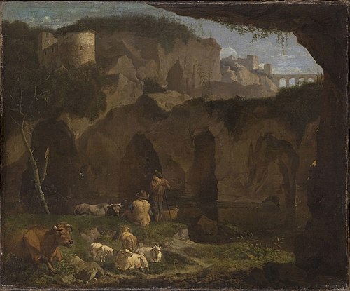 Italian Landscape with Two Shepherds in a Ravine, 1680, Willem Romeyn
