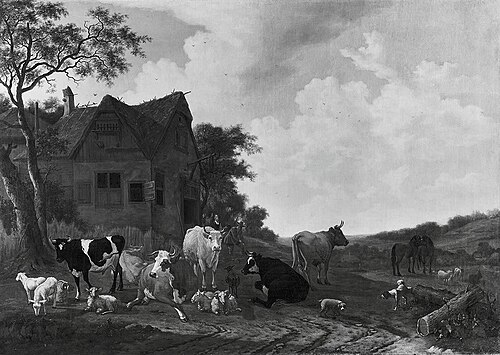 Ochsen und Ziegen vor einem Gasthof, 1654, Willem Romeyn