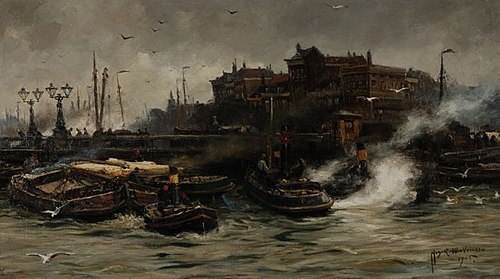 Gezicht op de Wijnhaven met Regentessebrug, 1905, August Willem van Voorden