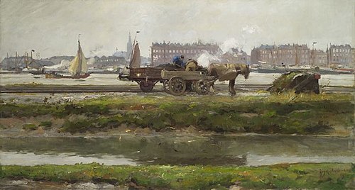 Het lossen van een treinwagon langs de Nieuwe Maas, 1909, August Willem van Voorden