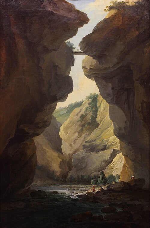 Bridge and gorges of Dala river in Leuekerbad, view towards the mountain, 1774, Caspar Wolf